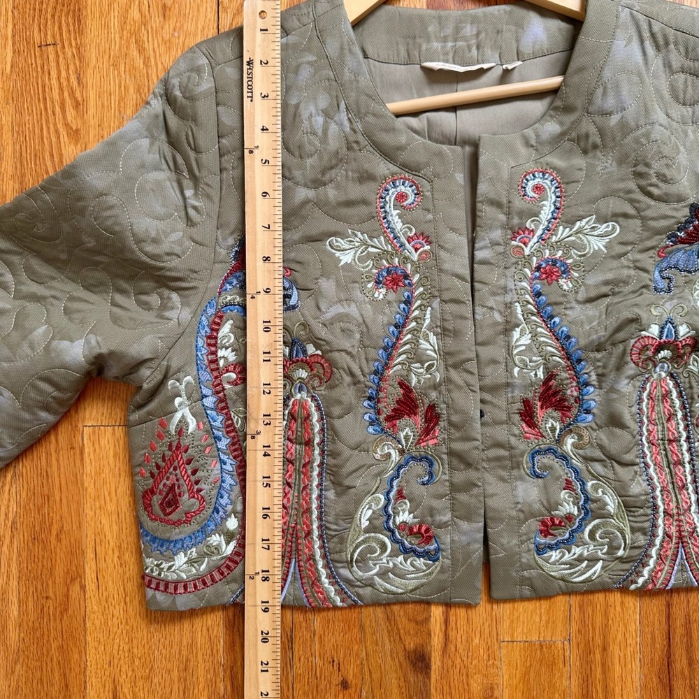 Soft Surroundings Olive Green Quilted Embroidered Cropped Jacket XL Beaded Boho - Picture 9 of 10